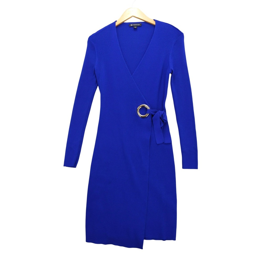 INC Faux Wrap Dress Women S Blue Ribbed Knit Grommet Tie Long Sleeve Midi
